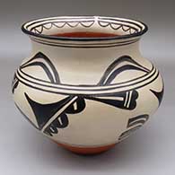 A polychrome jar with a rain cloud design inside the rim and a four-panel rainbow, rain cloud and geometric design around the body
 by Robert Tenorio of Santo Domingo