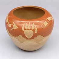 Brown Jar with sgraffito bear paw, heart line, and geometric design
 by Elston Yepa of Jemez