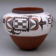 A polychrome high-shoulder jar decorated around the shoulder with a four-panel bird element, crosshatching and geometric design, replica from 1750, Third Place ribbon from 1996 Santa Fe Indian Market 
 by Wanda Aragon of Acoma
