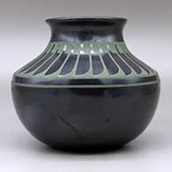 A green on black jar with a recurved neck and decorated above the shoulder with a ring of feathers design, click or tap to see a larger version