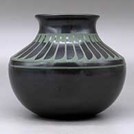 A green on black jar with a recurved neck and decorated above the shoulder with a ring of feathers design, click or tap to see a larger version