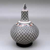 A polychrome tall neck jar decorated with a geometric design, plus a matching lid
 by Miriham Gallegos of Mata Ortiz and Casas Grandes