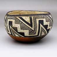 A polychrome bowl decorated around the shoulder with a six-panel kiva step and geometric design
 by Unknown of Acoma