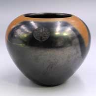 Gunmetal black jar with a sienna rim and lobed design plus 3 sgraffito deer prints
 by Tony Da of San Ildefonso