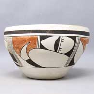 Polychrome bowl polished on the inside with a 4-panel bird element and geometric design on the outside, click or tap to see a larger version