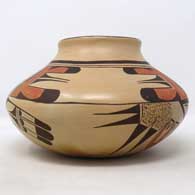 Polychrome jar with bird element and geometric design, click or tap to see a larger version