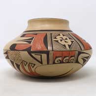 Polychrome jar with bird element and geometric design, click or tap to see a larger version