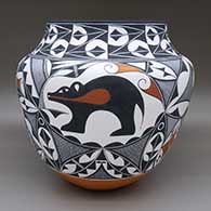 Large polychrome jar with a deer with heart line, bear with heart line, and geometric design, click or tap to see a larger version