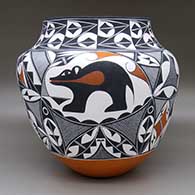 Large polychrome jar with a deer with heart line, bear with heart line, and geometric design, click or tap to see a larger version