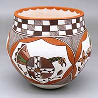 A polychrome jar decorated with a four-panel medallion-and-bird design and a stylized checkerboard and geometric design
 by Diane Lewis of Acoma