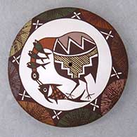 A polychrome seed pot decorated above the shoulder with a cloudeater, fish, fineline and geometric design
 by Diane Lewis of Acoma