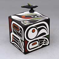 A polychrome box decorated with images of Northwest Coast birds, plus a hummingbird lid
 by Charmae Natseway of Acoma