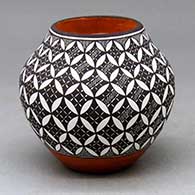 A small polychrome jar decorated with a yucca leaf snowflake, fineline and geometric design
 by Amanda Lucario of Acoma