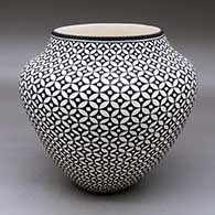 A high-shouldered black on white jar decorated around the body with a yucca-leaf snowflake and geometric design
 by Paula Estevan of Acoma