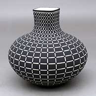 A black on white jar with a short square neck decorated from top to bottom with a geometric design
 by Paula Estevan of Acoma