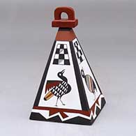 A lidded four sided pyramid decorated with a bird, checkerboard and geometric design
 by Charmae Natseway of Acoma