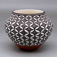 A polychrome jar decorated around the body with a yucca leaf snowflake, fineline and geometric design
 by Amanda Lucario of Acoma