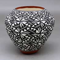 A polychrome jar decorated around the body with a black on white geometric design
 by Sandra Victorino of Acoma