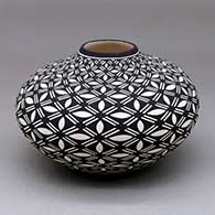 A black on white jar decorated with a pumpkin seed snowflake and geometric design
 by Paula Estevan of Acoma