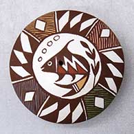 A polychrome seed pot decorated with fish, plant, fineline and geometric design
 by Diane Lewis of Acoma