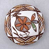A polychrome seed pot decorated with a turkey, fineline and geometric design
 by Diane Lewis of Acoma