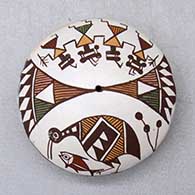 A polychrome seed pot decorated with a crane, fish, pueblo dancers, fineline and geometric design
 by Diane Lewis of Acoma