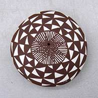 A black on white seed pot decorated with a fineline and geometric design
 by Diane Lewis of Acoma