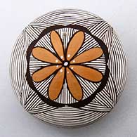 A miniature polychrome seed pot decorated with a fineline and geometric design above the shoulder
 by Alisha Sanchez of Acoma