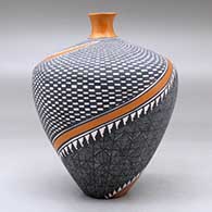 A polychrome thin neck vase decorated with a four panel spiraling checkerboard, fineline and geometric design, click or tap to see a larger version