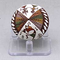 A miniature polychrome seed pot decorated with a kokopelli, pueblo dancer, fineline and geometric design
 by Diane Lewis of Acoma