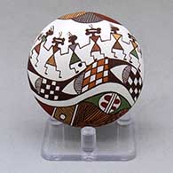 A polychrome seed pot decorated above the shoulder with a line of Corn Clan ceremonial dancers with fineline, checkerboard and geometric design
 by Diane Lewis of Acoma