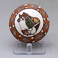 A polychrome seed pot decorated above the shoulder with a cloudeater, fish and geometric design
 by Diane Lewis of Acoma