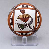 A polychrome seed pot decorated above the shoulder with a hummingbird, fineline and geometric design
 by Diane Lewis of Acoma