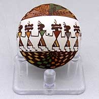 A miniature polychrome seed pot decorated with a women dancer, checkerboard, fineline and geometric design
 by Diane Lewis of Acoma