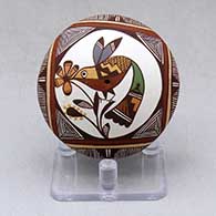 A polychrome seed pot decorated with a hummingbird, flower, rainbow, fineline and geometric design
 by Diane Lewis of Acoma
