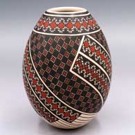 Polychrome jar with a 3-panel cuadrillos geometric design
 by Tati Ortiz of Mata Ortiz and Casas Grandes