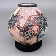 Polychrome jar with a sgraffito and painted bee, flower, and geometric design
 by Octavio Silveira of Mata Ortiz and Casas Grandes