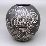 Black-on-white jar with a two-panel sgraffito fish design
 by Jose Almeraz of Mata Ortiz and Casas Grandes