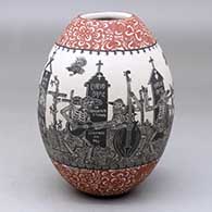 A polychrome jar decorated with a sgraffito Day of the Dead at the Cemetery and geometric design
 by Hector Javier Martinez of Mata Ortiz and Casas Grandes