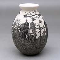 A black on white jar with a rolled lip and decorated with a sgraffito Day of the Dead at the Cemetery with Native Americans design
 by Hector Javier Martinez of Mata Ortiz and Casas Grandes
