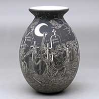 A black on white jar with a rolled lip and decorated with a sgraffito Night of the Dead at the Cemetery design
 by Hector Javier Martinez of Mata Ortiz and Casas Grandes