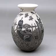 A black on white jar with a rolled lip and decorated with a sgraffito Day of the Dead at the Cemetery design
 by Hector Javier Martinez of Mata Ortiz and Casas Grandes