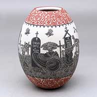 A polychrome jar decorated with a sgraffito Day of the Dead at the Cemetery and geometric design
 by Hector Javier Martinez of Mata Ortiz and Casas Grandes