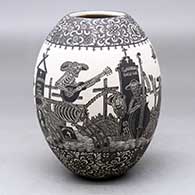 A black on white jar decorated with a sgraffito Day of the Dead at the Cemetery and geometric design
 by Hector Javier Martinez of Mata Ortiz and Casas Grandes