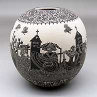 A black on white jar decorated with a sgraffito Day of the Dead at the Cemetery and geometric design
 by Hector Javier Martinez of Mata Ortiz and Casas Grandes