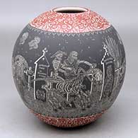 A polychrome jar decorated with a sgraffito Night of the Dead at the cemetery and geometric design
 by Hector Javier Martinez of Mata Ortiz and Casas Grandes