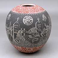 A polychrome jar decorated with a sgraffito Night of the Dead at the cemetery and geometric design
 by Hector Javier Martinez of Mata Ortiz and Casas Grandes
