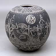 A black on white jar decorated with a sgraffito Night of the Dead at the cemetery and geometric design
 by Hector Javier Martinez of Mata Ortiz and Casas Grandes