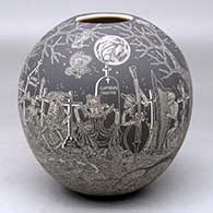 A black on white jar decorated with a sgraffito Night of the Dead at the cemetery design
 by Hector Javier Martinez of Mata Ortiz and Casas Grandes