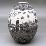 A black on white jar decorated with a sgraffito Day of the Dead at the Cemetery and geometric design
 by Hector Javier Martinez of Mata Ortiz and Casas Grandes